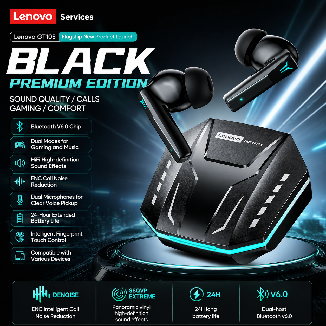 Esports Gaming Mobile - Lenovo GT105 Gaming Headphones Bluetooth 6.0